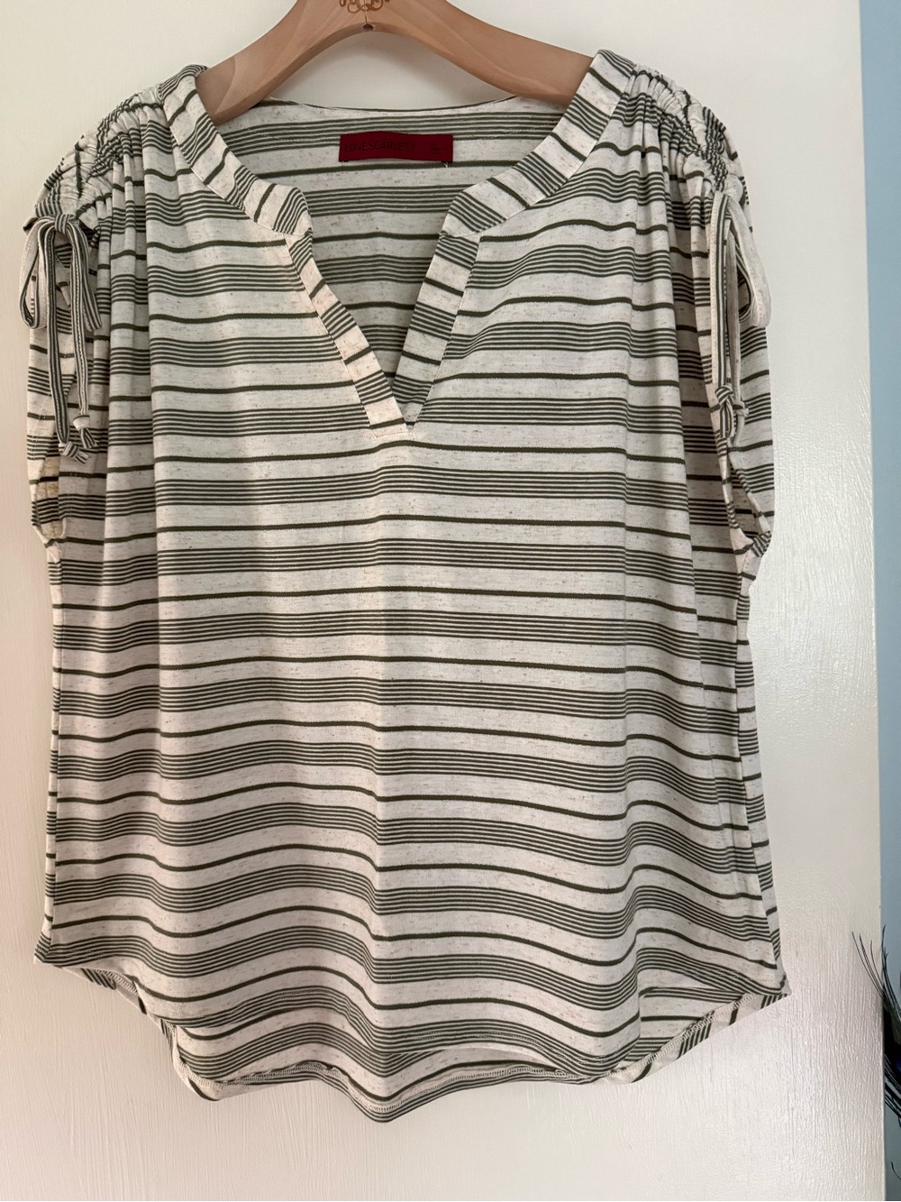 Striped V-Neck Short Sleeve Jersey Top - Cream & Green